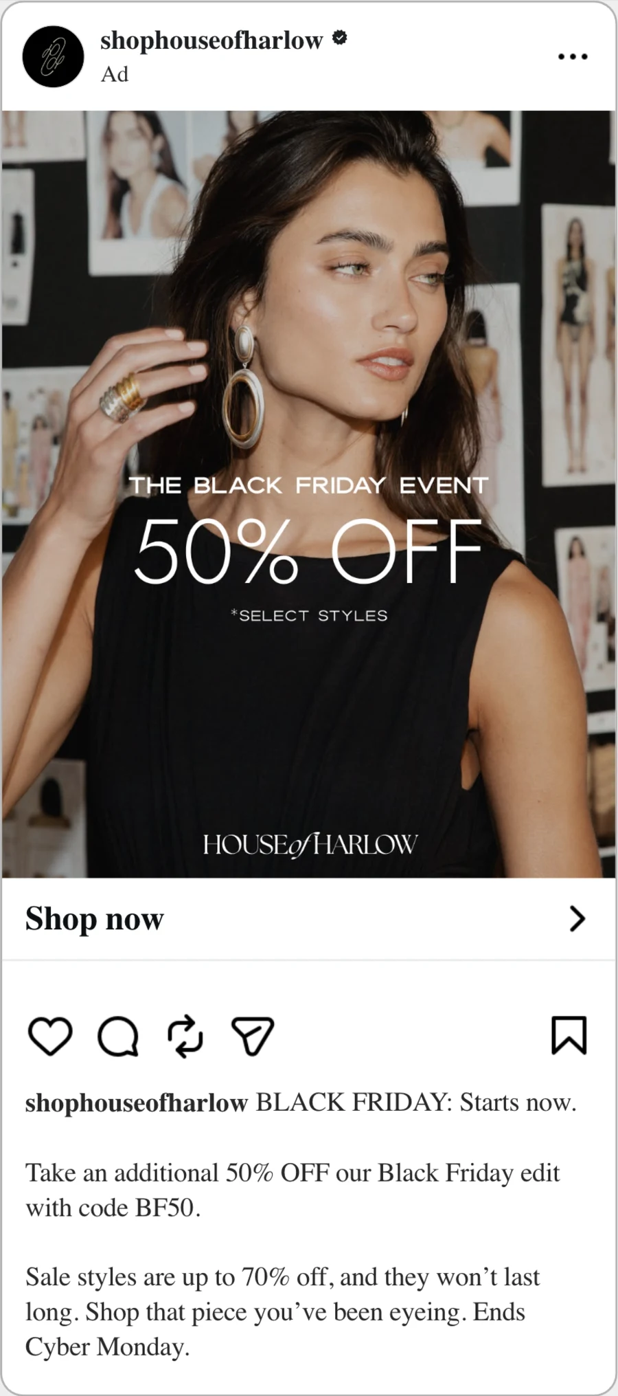 House of Harlow 50% Off Black Friday Meta ad — photo wall portrait