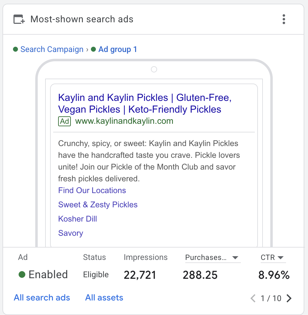 Top performing Kaylin and Kaylin Google Search ad with 8.96% CTR
